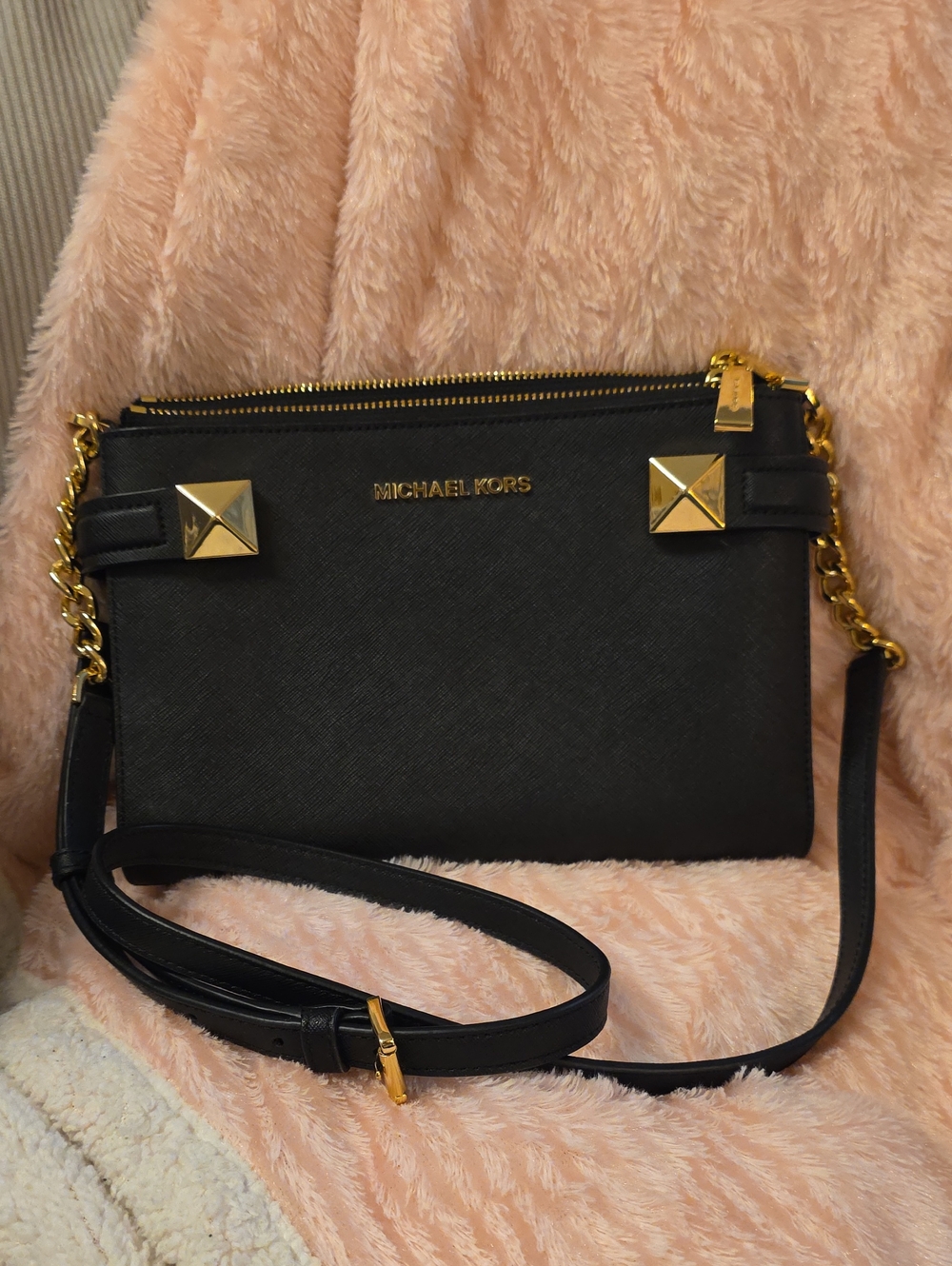 Michael Kors Black Crossbody with Gold Pyramid Accents - Picture 1 of 6